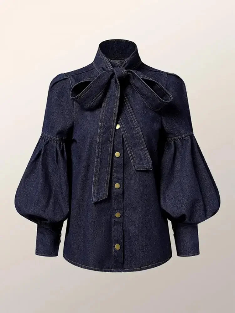 Denimora - Tie-Neck Denim Top