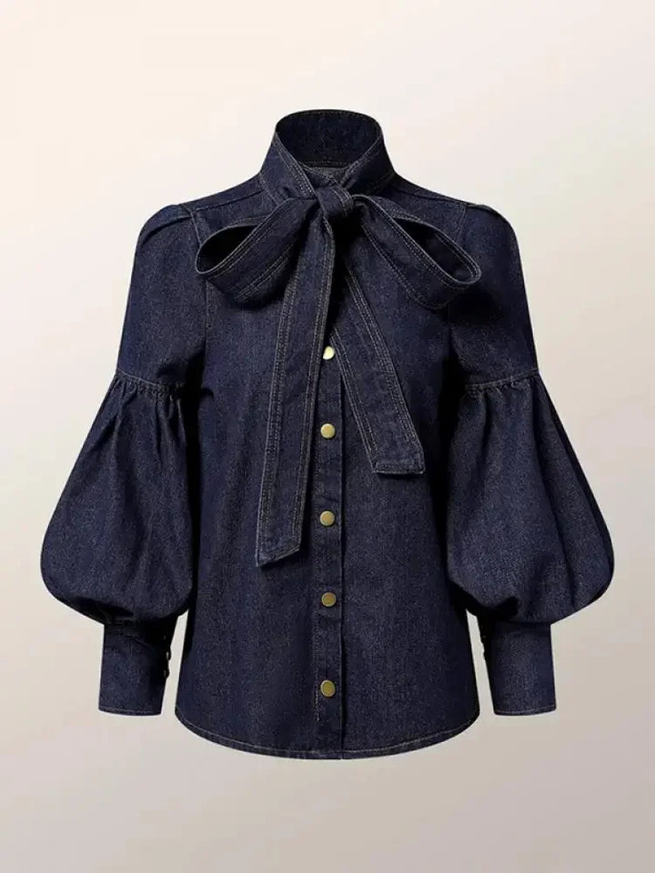Denimora - Tie-Neck Denim Top