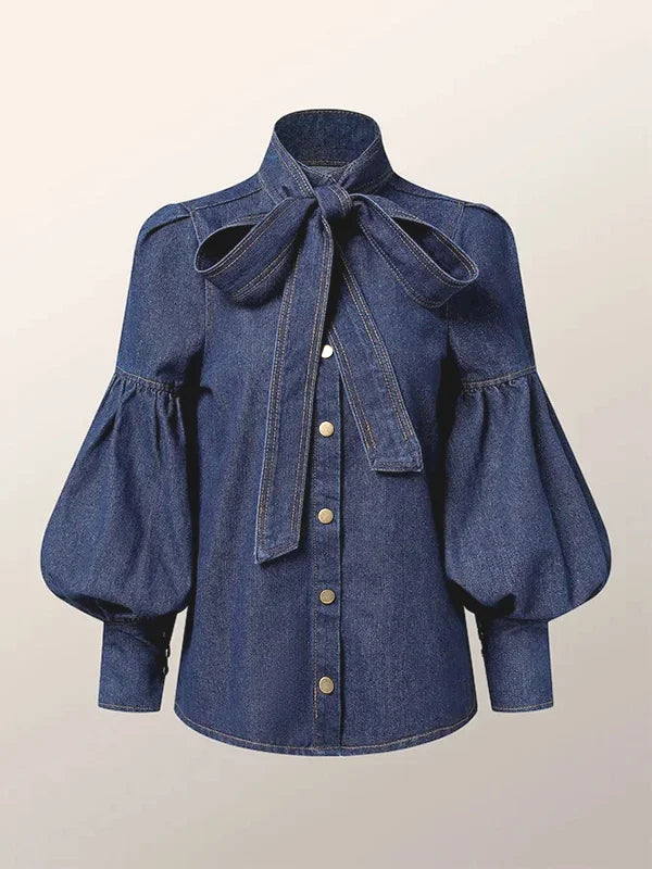 Denimora - Tie-Neck Denim Top