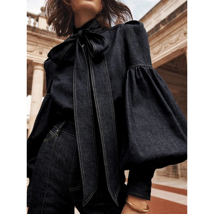 Denimora - Tie-Neck Denim Top