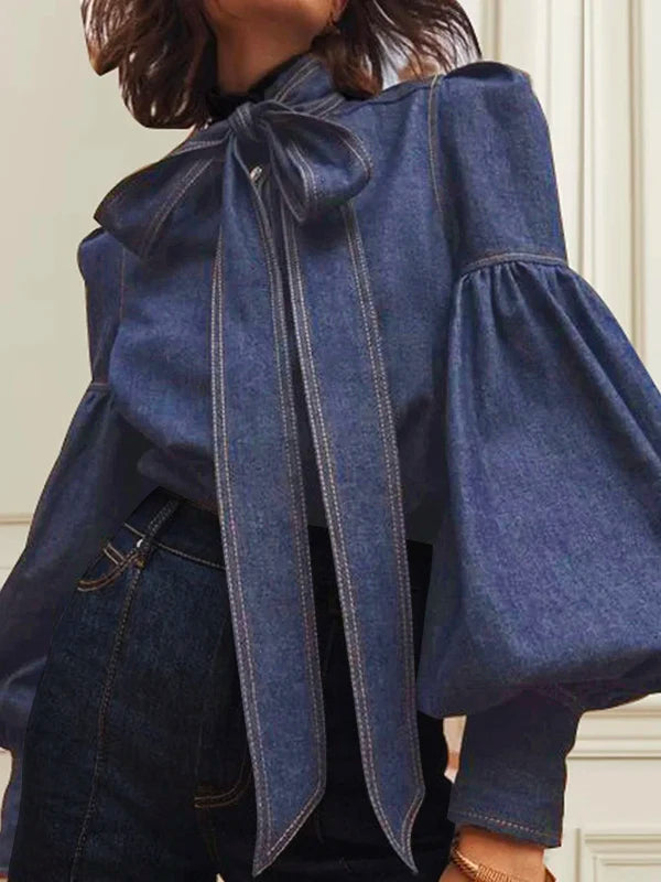 Denimora - Tie-Neck Denim Top