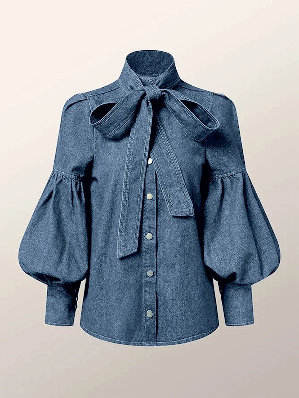 Denimora - Tie-Neck Denim Top