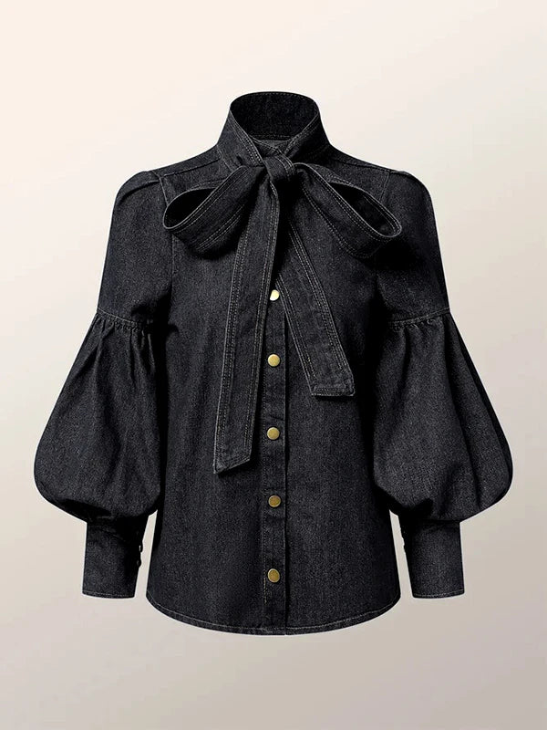 Denimora - Tie-Neck Denim Top