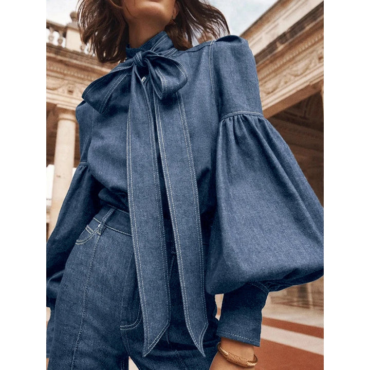 Denimora - Tie-Neck Denim Top