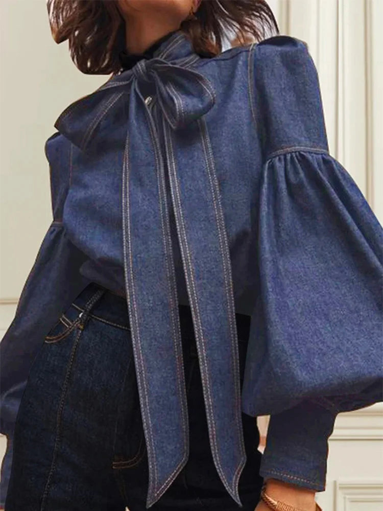 Denimora - Tie-Neck Denim Top